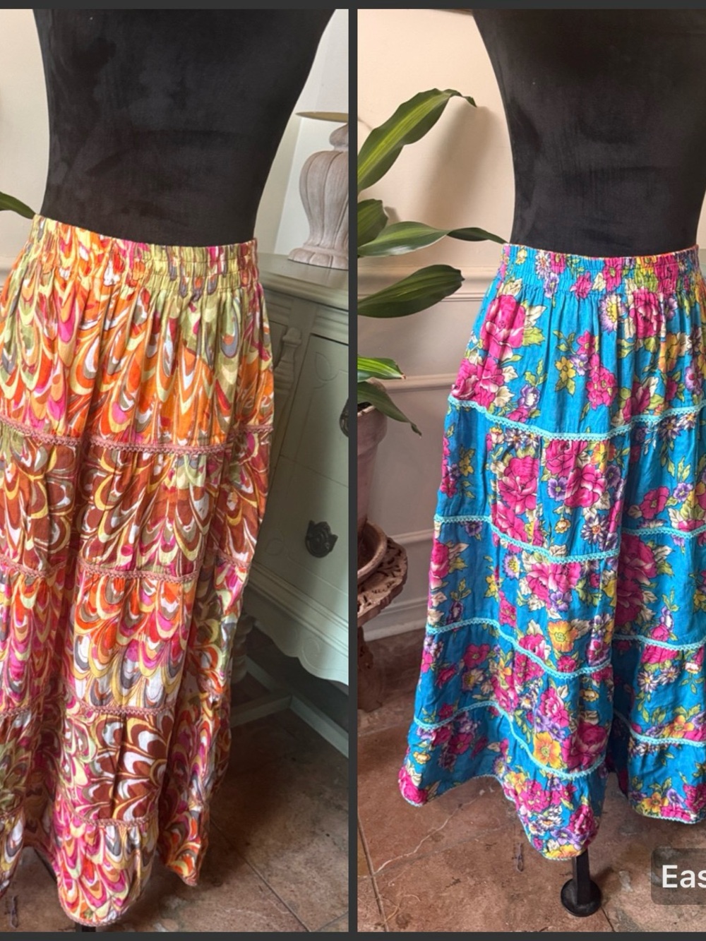 Vintage Reversible Colorful Boho Tiered Maxi Skirt